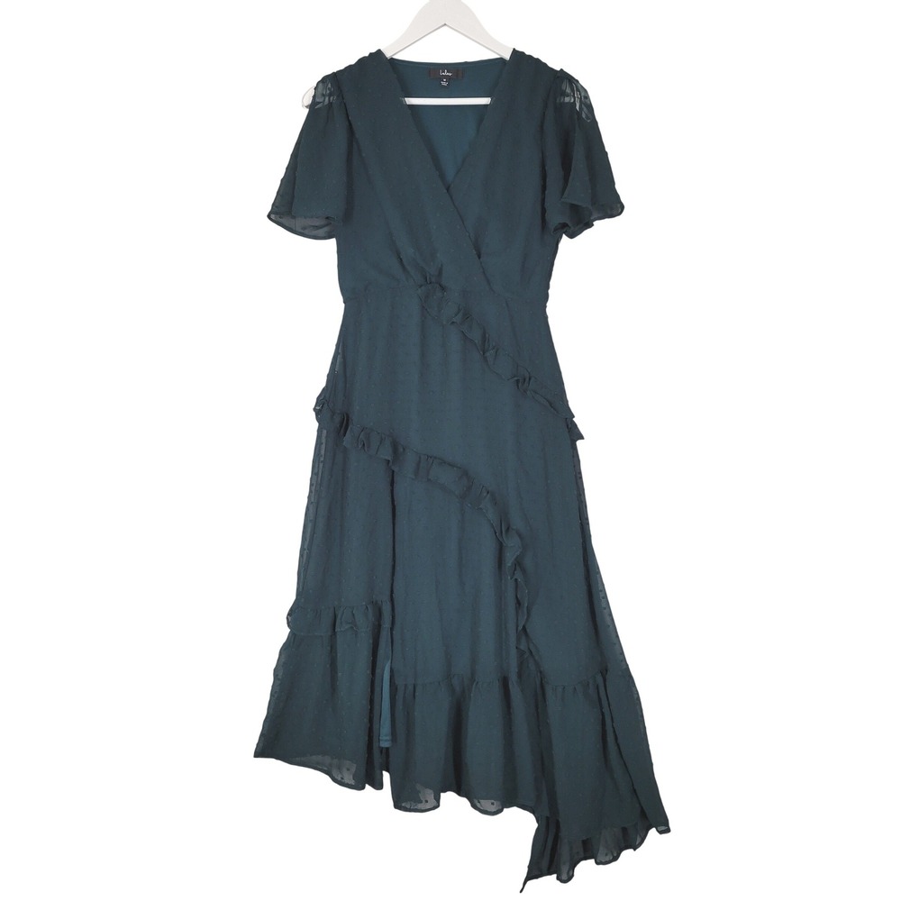 Lulus Midi Dress Sz Medium Green Swiss Dot Ruffle Asymmetric Hem Flutter Sleeve